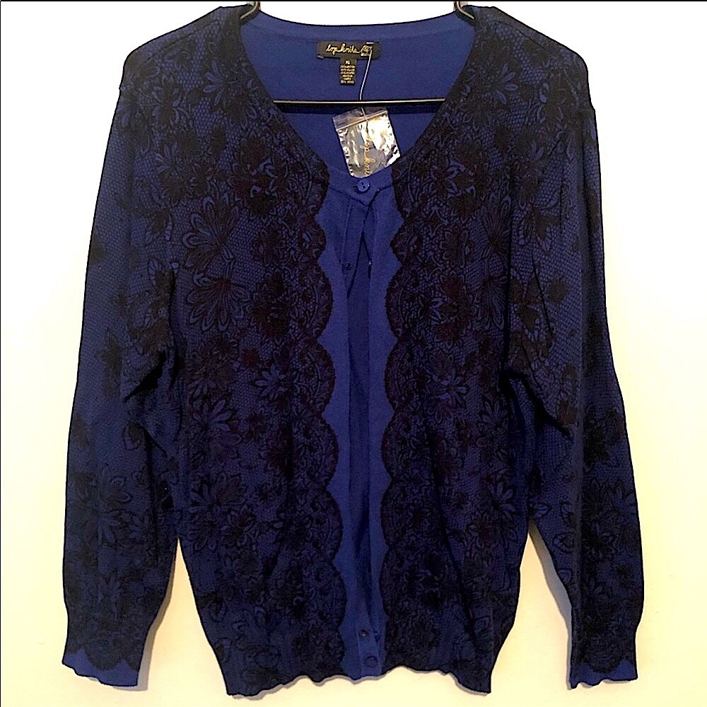 Blue button up cardigan with lace print sz XL NWT